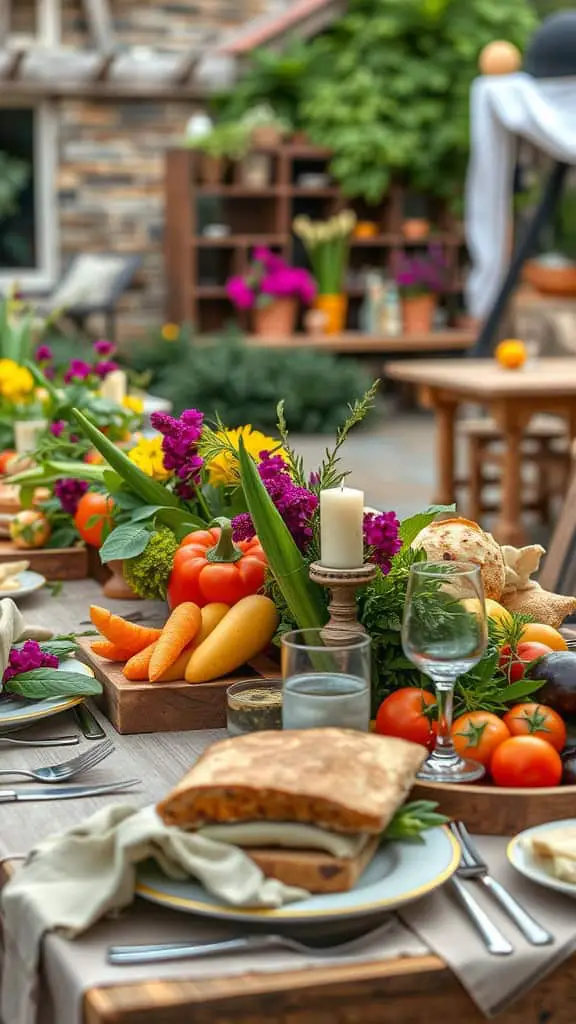 A beautifully arranged dinner table featuring fresh vegetables, flowers, and rustic bread, set in a garden environment.