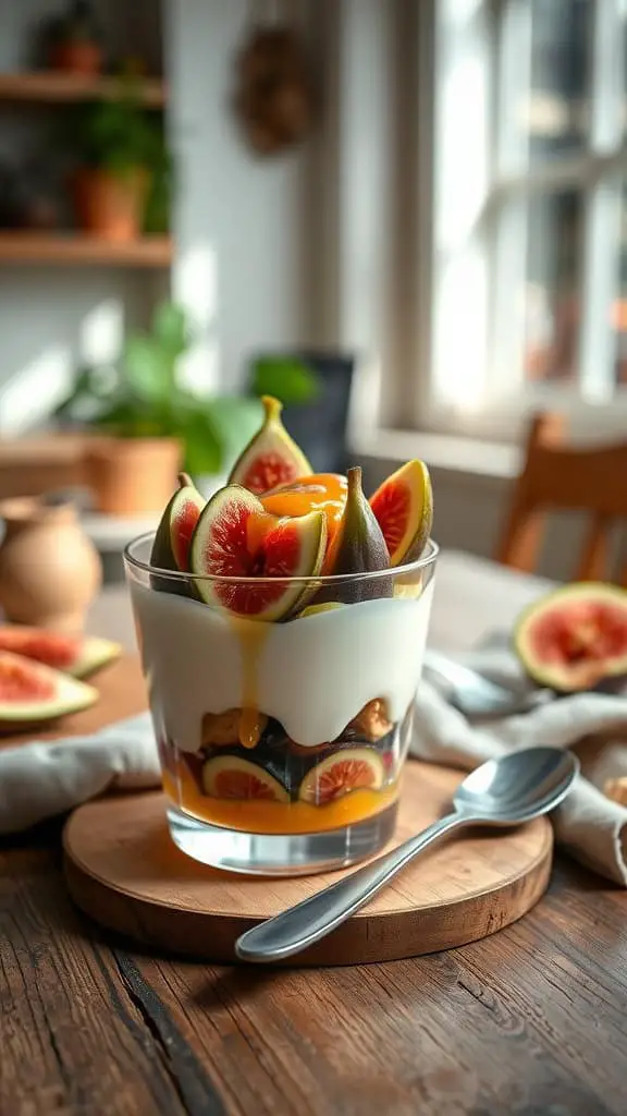 A delicious fig and honey parfait with layers of Greek yogurt and fresh figs.