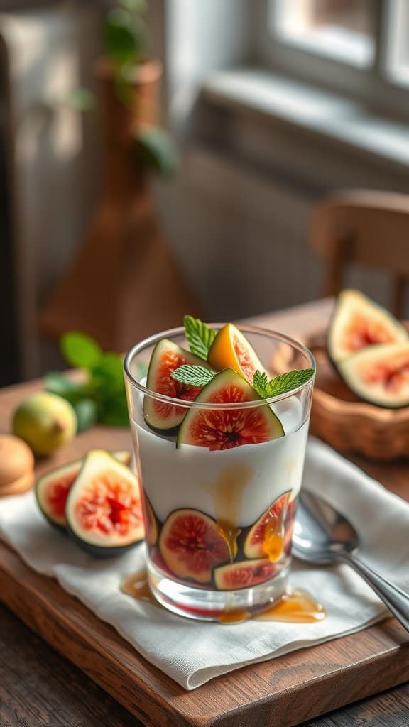 A delicious fig and honey parfait with layers of yogurt, fresh figs, and honey, garnished with mint leaves.