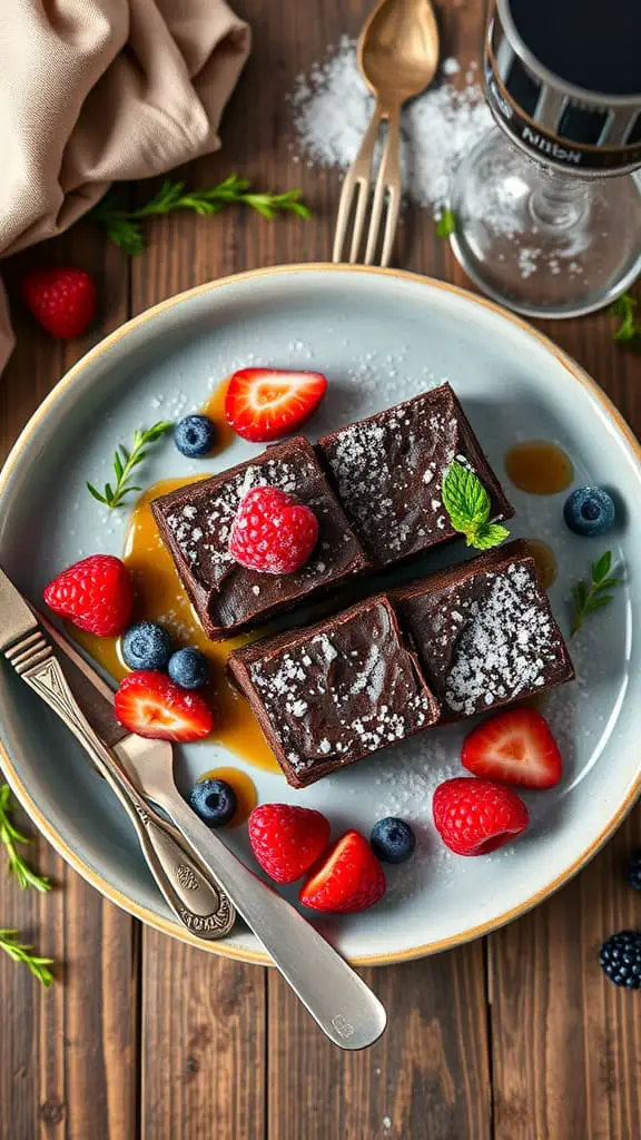 A delicious plate of flourless cottage cheese brownies topped with fresh berries and a sprinkle of powdered sugar.