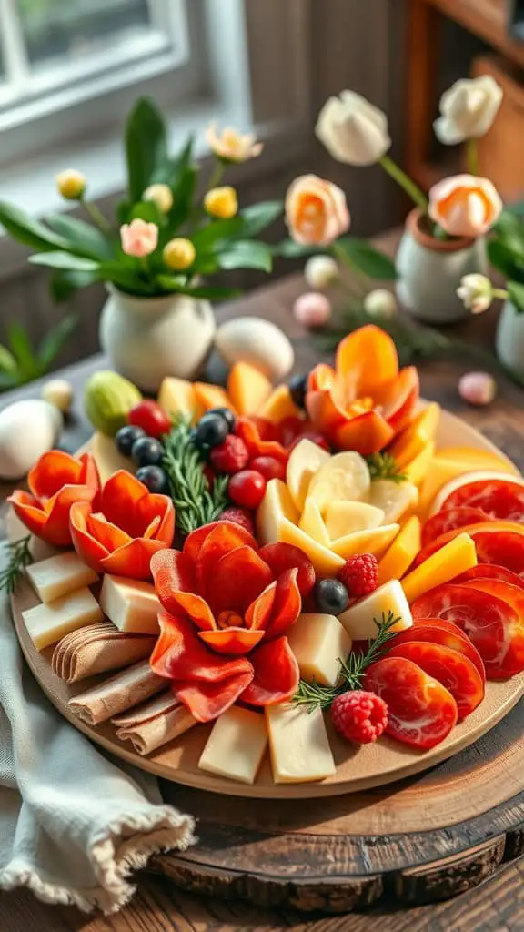 A colorful flower arrangement charcuterie board featuring sliced fruits, cheeses, and salami shaped into flowers.