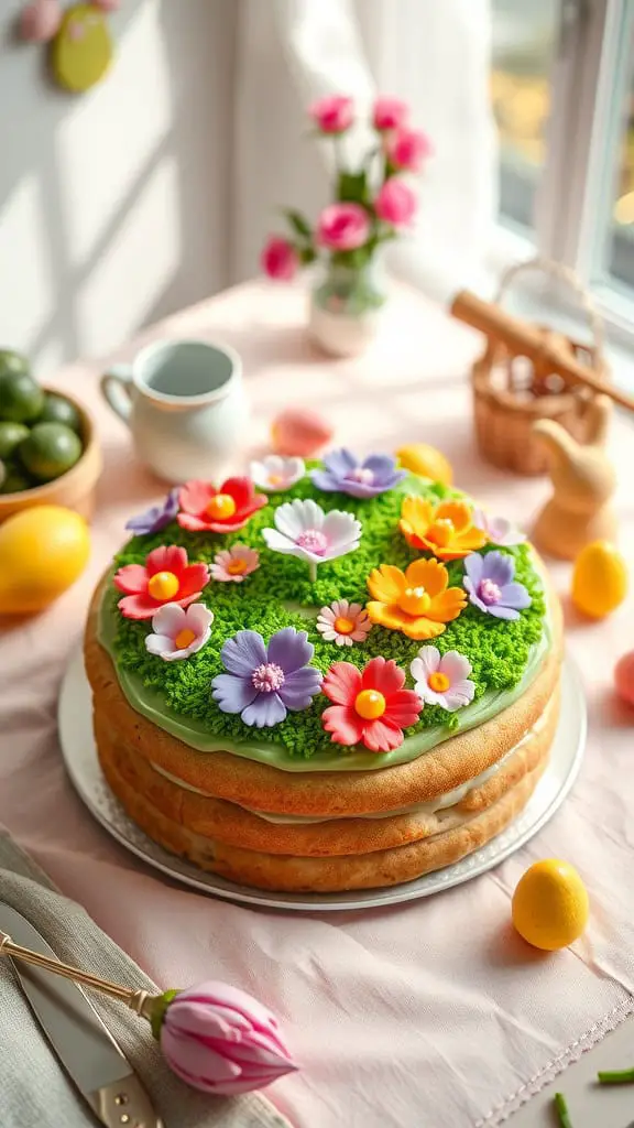 A beautifully decorated Flower Garden Cookie Cake with floral-shaped icing on a green frosting base.