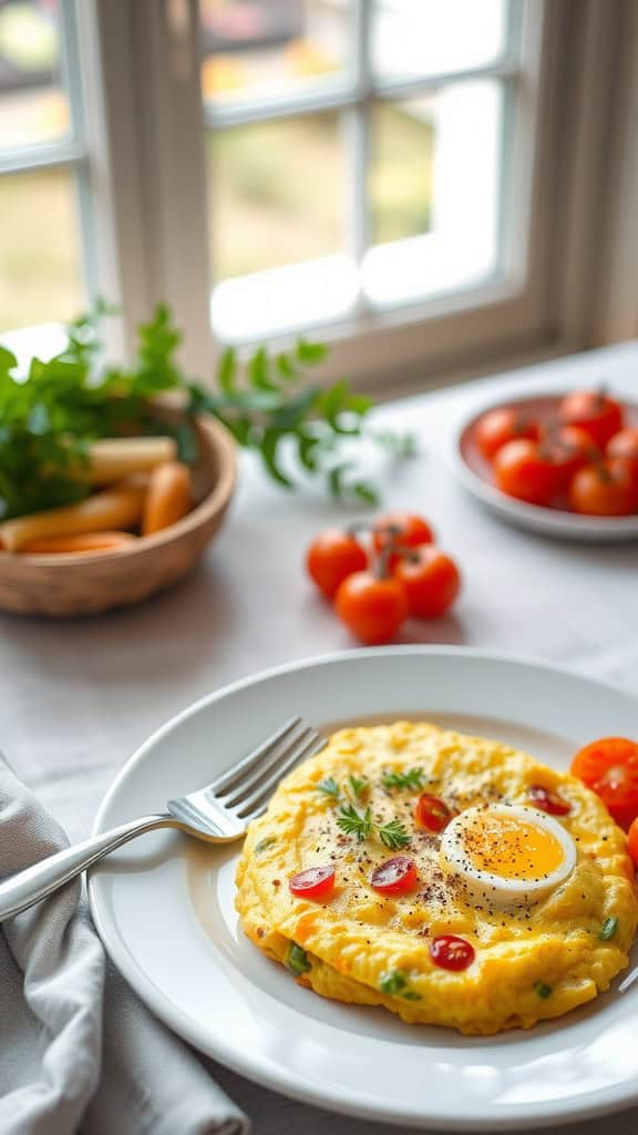 Fluffy cottage cheese omelette served with fresh tomatoes and herbs.