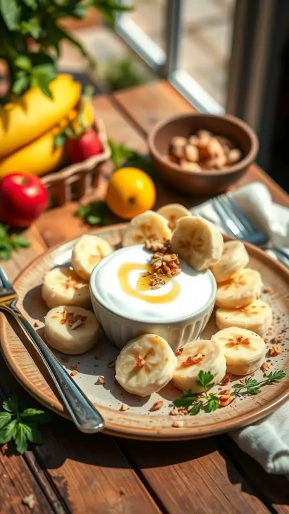 Frozen banana slices coated with yogurt, sprinkled with nuts, served on a plate.