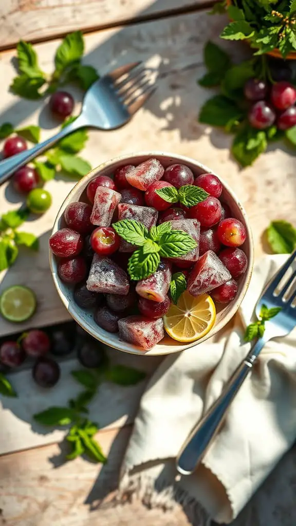 A bowl of frozen grapes garnished with mint leaves and lime slices, ideal for a summer snack.