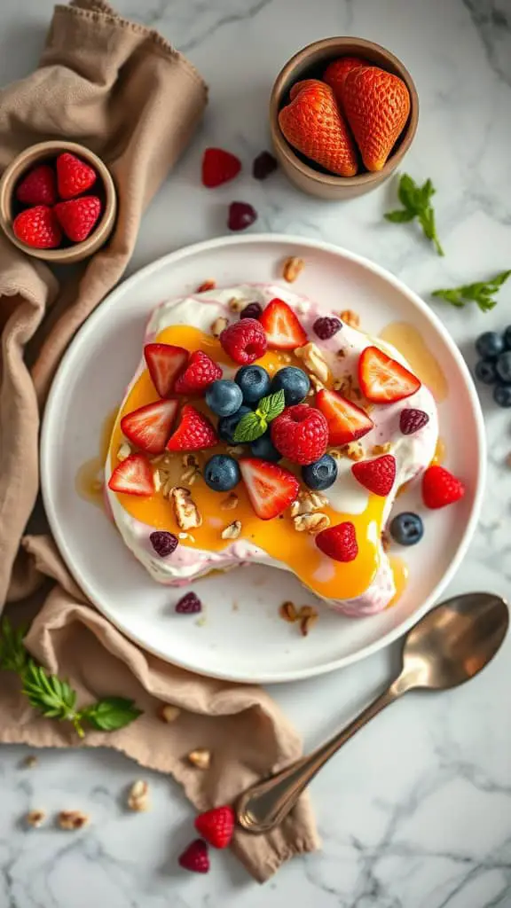 A plate of frozen yogurt bark topped with berries and nuts