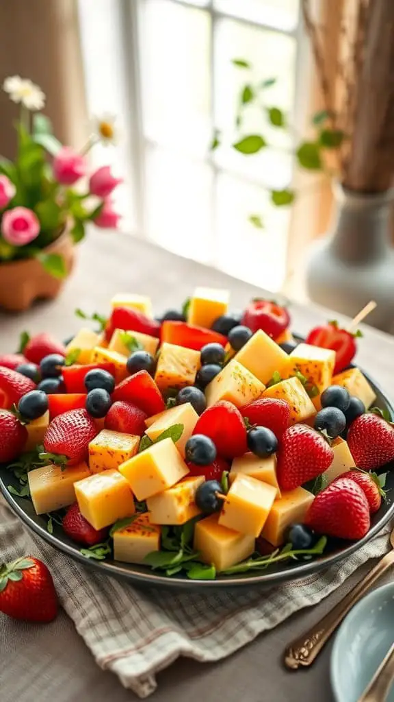 A colorful platter of fruit and cheese skewers featuring grapes, cheddar cubes, and strawberries.