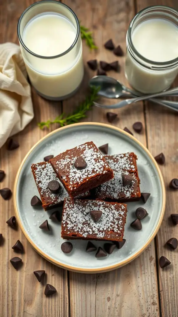 Delicious fudgy cottage cheese brownies topped with chocolate chips on a plate.