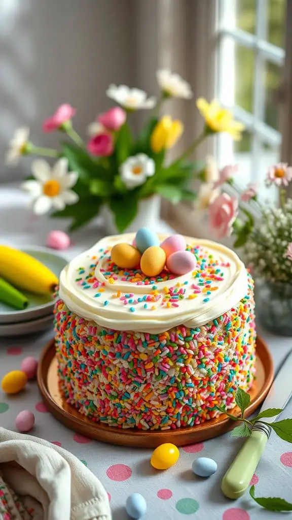 A vibrant Funfetti cake adorned with colorful sprinkles and topped with Easter candies.