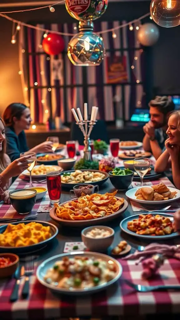 A lively dinner table set for a game night with comfort food, drinks, and guests enjoying themselves.