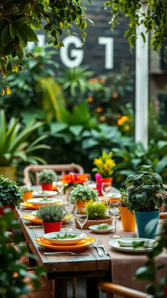 A beautifully set garden table with potted plants and vibrant colors, creating a cozy outdoor dining experience.