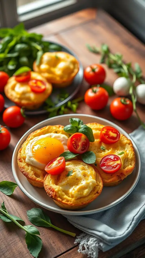 Savory breakfast egg muffins with cherry tomatoes and basil