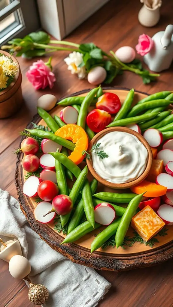 A vibrant garden veggie board with snap peas, radishes, and ranch dip, perfect for Easter gatherings.