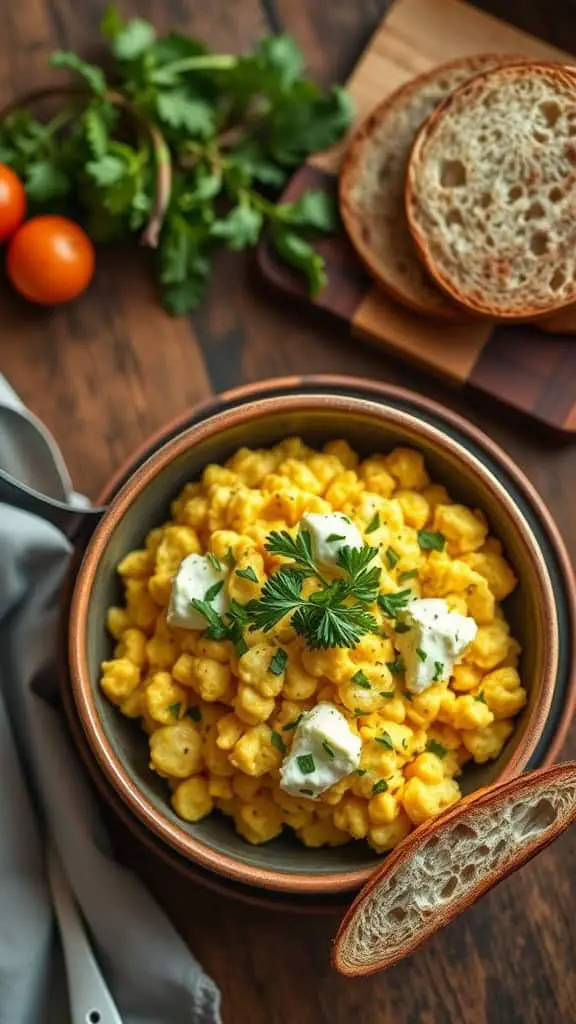 A bowl of creamy scrambled eggs mixed with cottage cheese, garnished with herbs, and served with slices of bread.