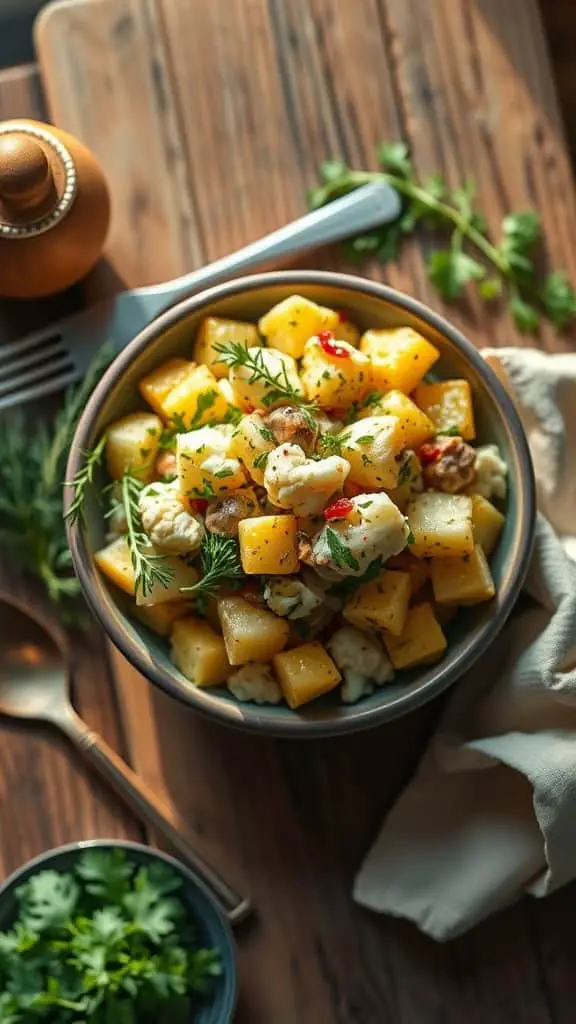 A bowl of Garlic Herb Keto Potato Salad with cauliflower, garlic, and fresh herbs.