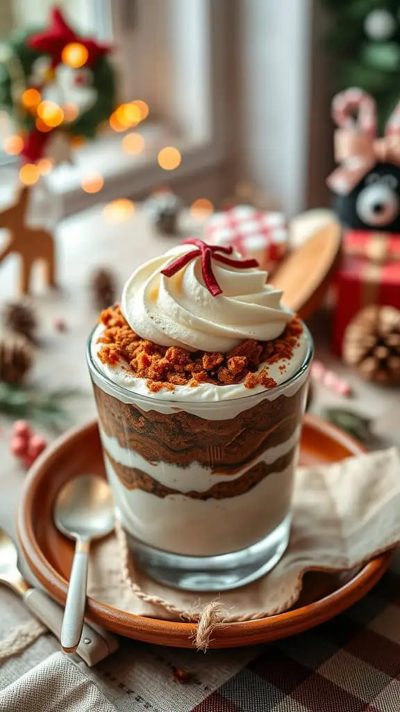 Gingerbread parfait with layers of cinnamon yogurt, gingerbread crumbles, and topped with whipped cream.