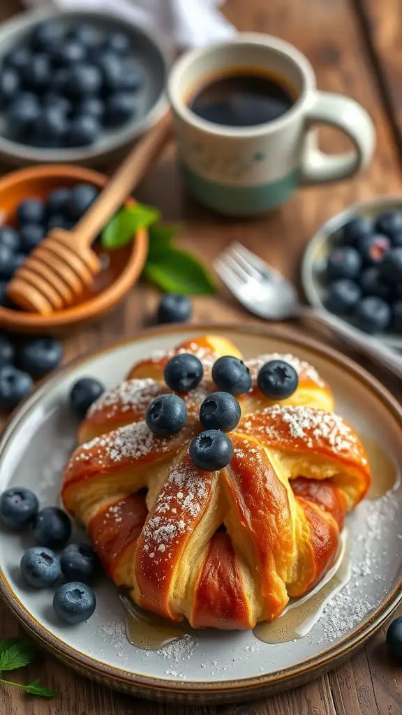 A delicious gluten-free blueberry croissant breakfast bake served with fresh blueberries.