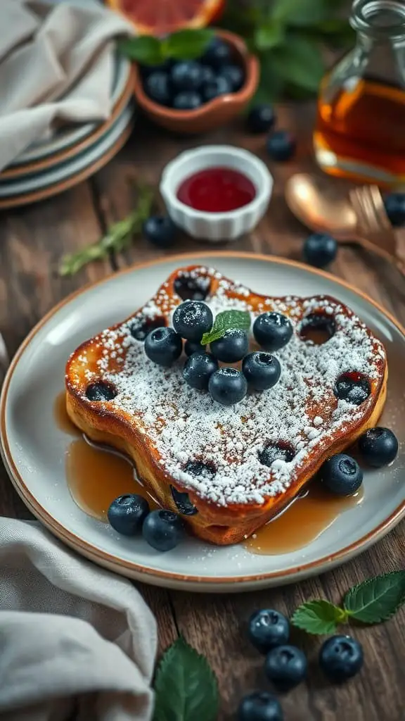 Delicious gluten-free blueberry French toast bake garnished with blueberries and powdered sugar.