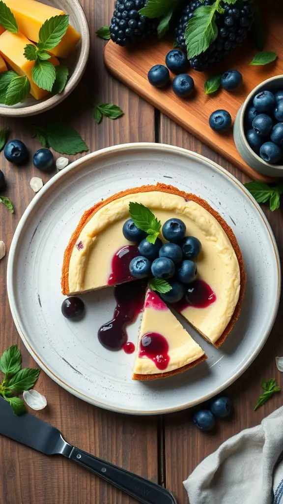 A slice of gluten-free no bake blueberry cheesecake on a plate, topped with fresh blueberries and a drizzle of blueberry sauce.