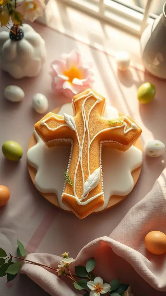 Golden Cross Cookie Cake with white icing and gold leaf accents