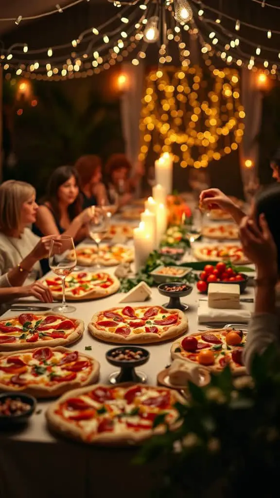 A lively dinner party scene with guests enjoying gourmet pizza making, surrounded by decorated tables and twinkling lights.