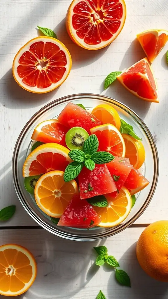 A vibrant grapefruit kiwi fruit salad with orange segments, garnished with mint leaves.