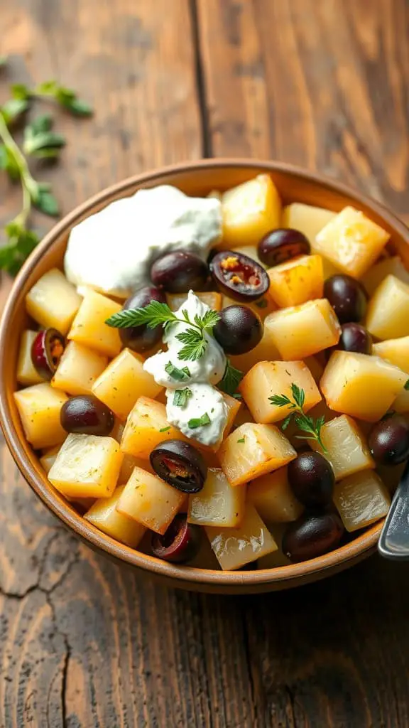 A vibrant Greek potato salad featuring diced potatoes, sour cream, Kalamata olives, and fresh veggies.