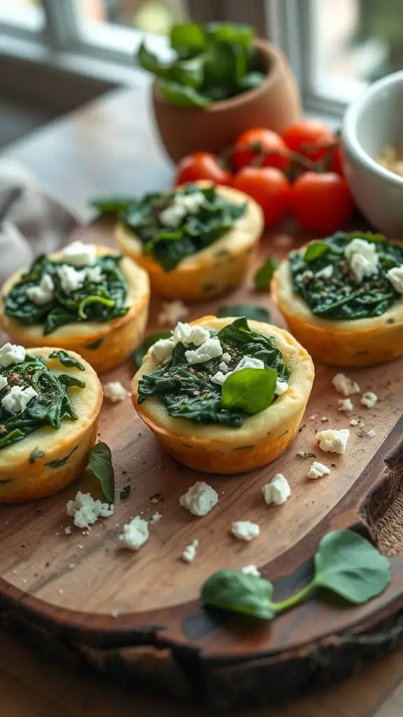 Greek style egg white muffins with spinach and feta on a wooden platter.