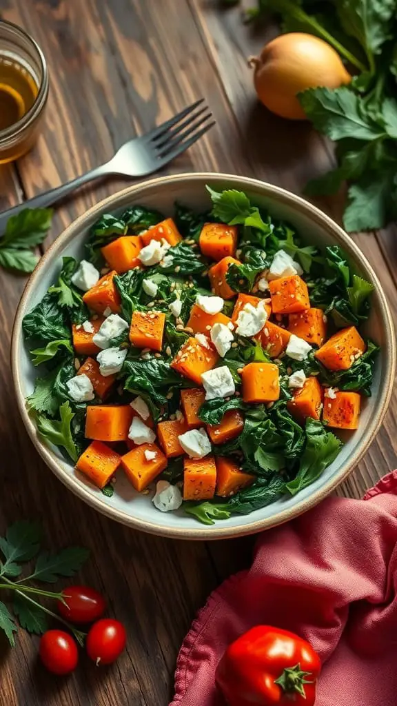 A colorful Greek-style salad featuring kale, roasted sweet potatoes, and crumbled feta cheese in a bowl.