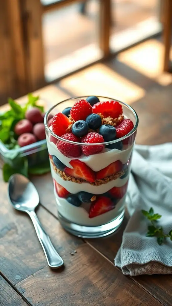 A delicious Greek yogurt and berry parfait with layers of yogurt, fresh berries, and granola.