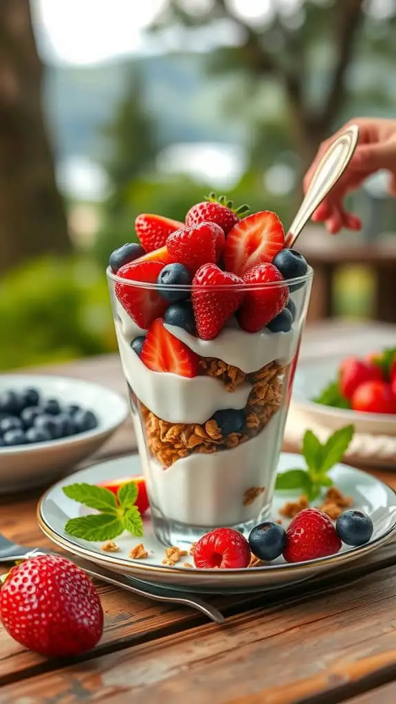 A delicious Greek yogurt parfait with granola and fresh berries in a glass.