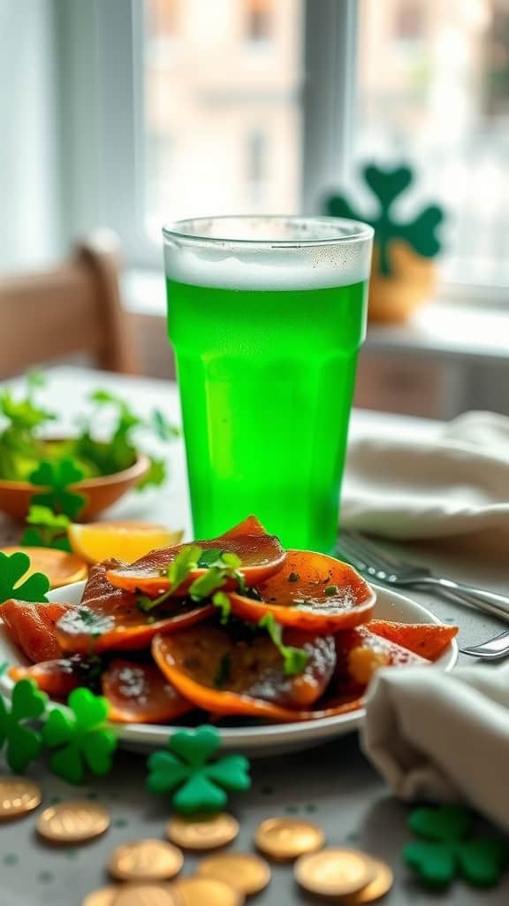 A vibrant green beer in a glass, perfect for St. Patrick's Day celebrations.