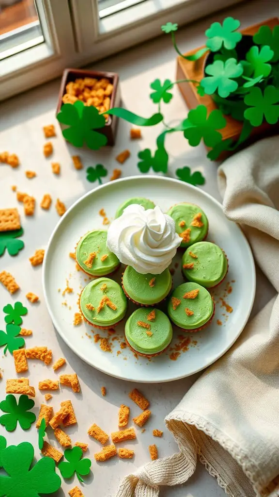 A plate of green cheesecake bites with whipped cream and graham cracker crumbs, perfect for St. Patrick's Day.