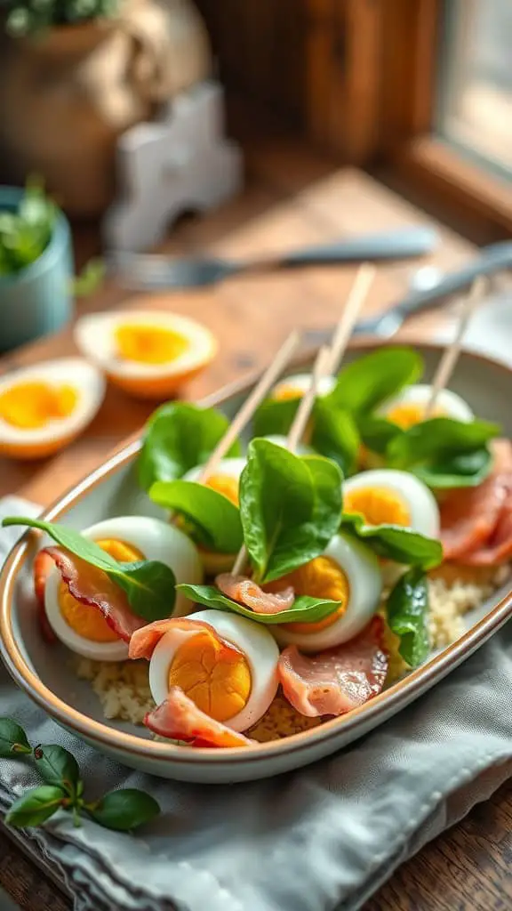 Green egg skewers made with boiled quail eggs, spinach, and ham slices on toothpicks.