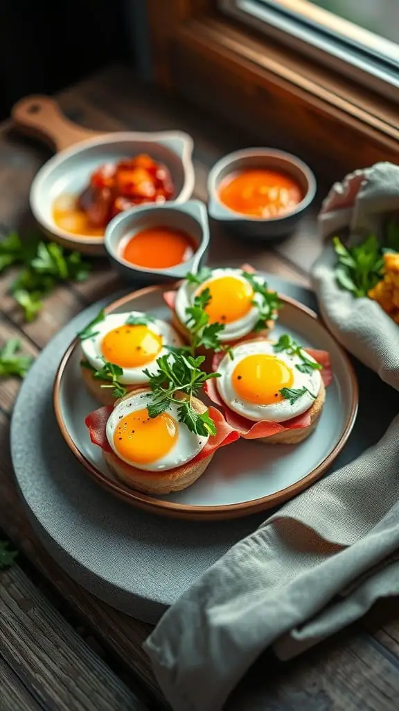 Green Egg Sliders with mini buns, fried egg, arugula, and ham slices