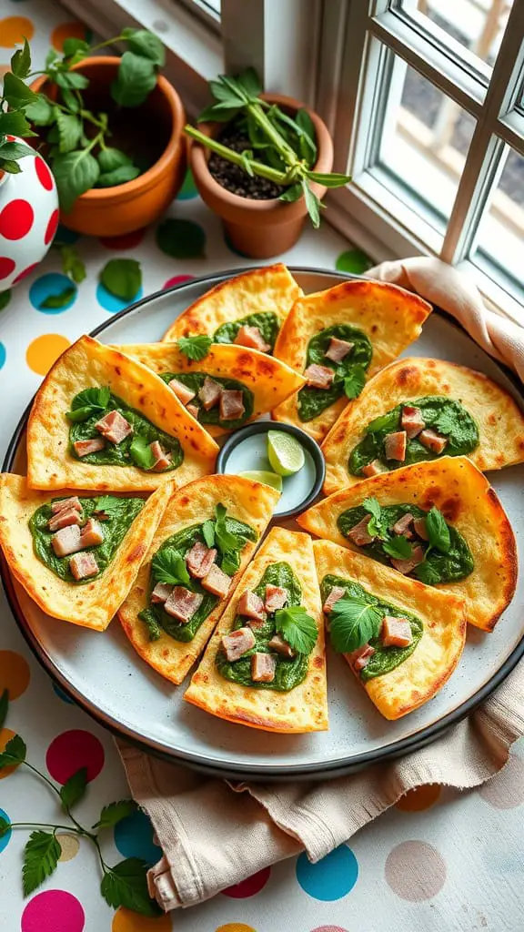 Plate of green ham quesadilla bites with spinach puree and diced ham, cut into wedges.