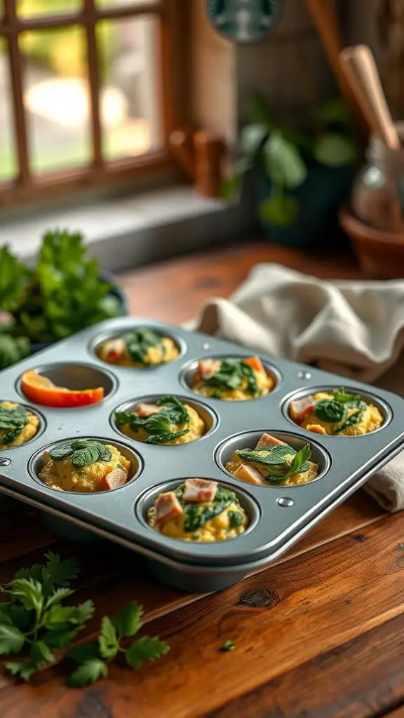 Baked green omelette bites with spinach and ham in a mini muffin tin