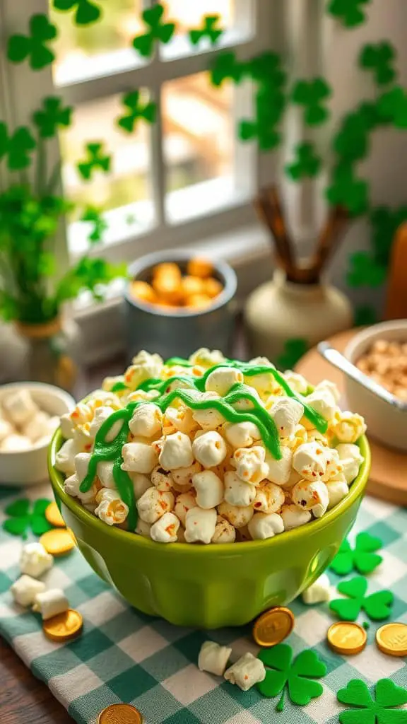 A bright green bowl filled with sweet green popcorn, decorated with green drizzle, perfect for St. Patrick's Day snacks.