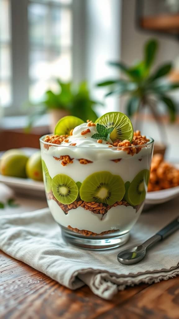 A delicious green tea parfait with layers of matcha yogurt, kiwi slices, and granola.