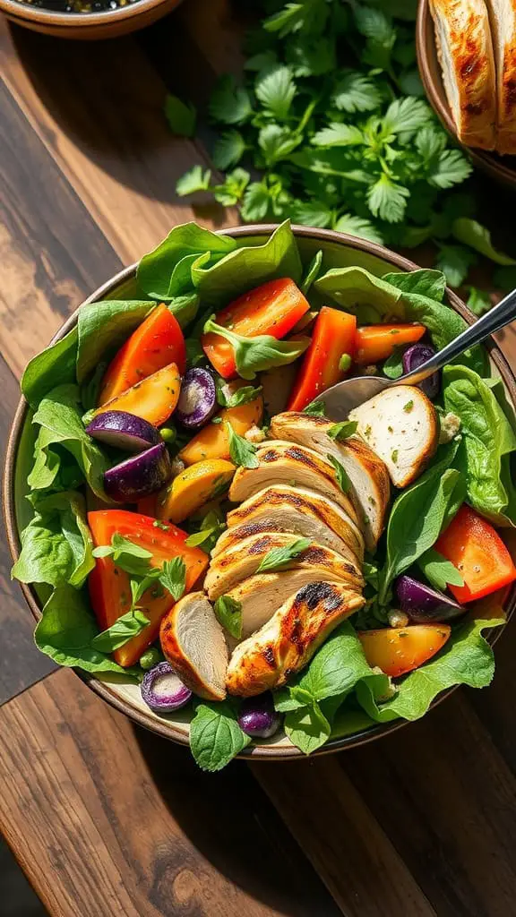 A delicious Grilled Chicken Spring Salad featuring fresh spring mix lettuce, vibrant vegetables, and grilled chicken slices.