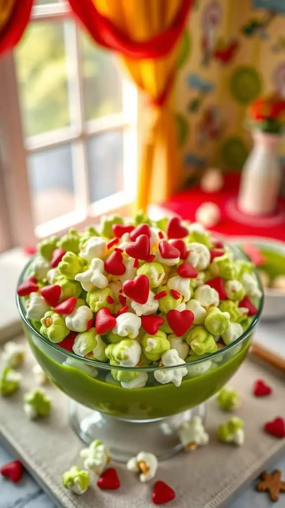 A bowl of Grinch popcorn with green candy melts and red heart sprinkles