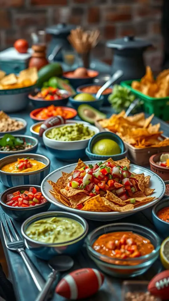 A vibrant display of guacamole, pico de gallo, and various toppings for a Super Bowl party.