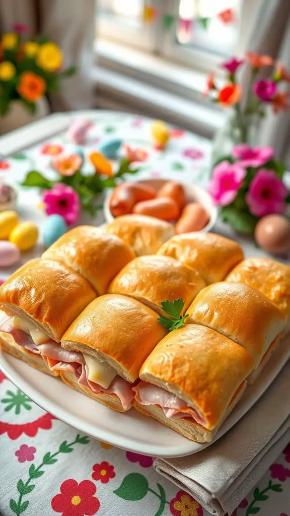 Ham and cheese sliders on a plate with colorful flowers and Easter eggs in the background.