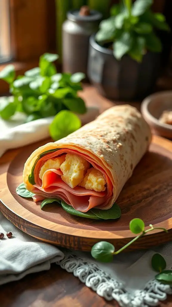 Ham and egg wrap with spinach on a wooden plate