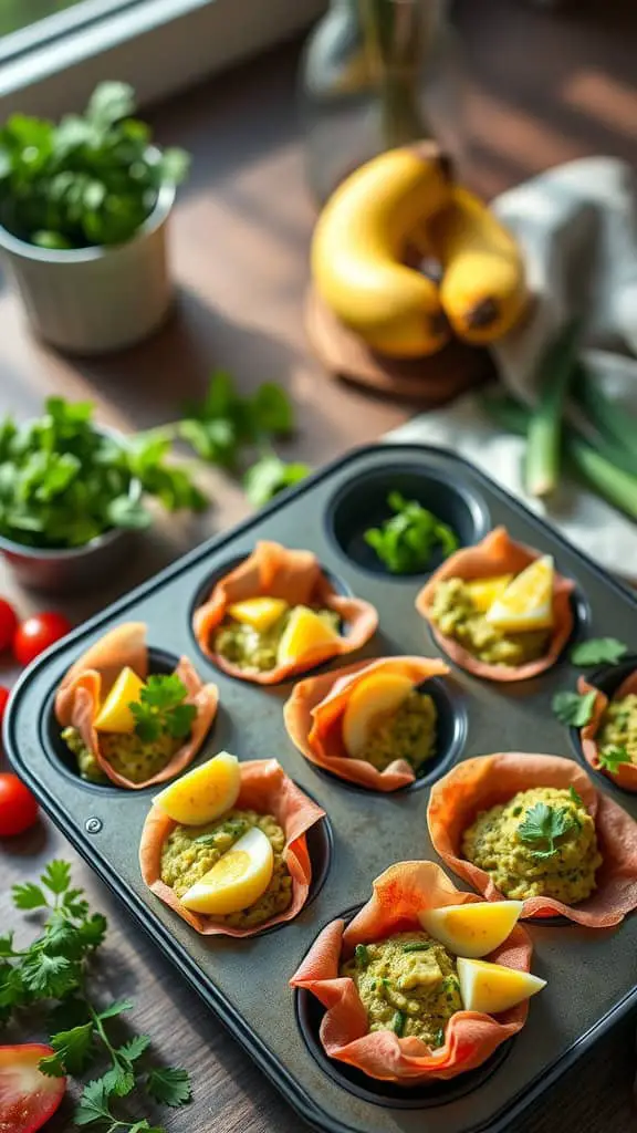 Ham and guacamole cups presented in a muffin tin, garnished and ready to serve.