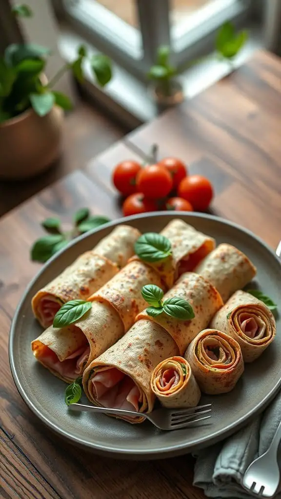 Ham and Pesto Roll-ups on a plate with fresh basil and tomatoes