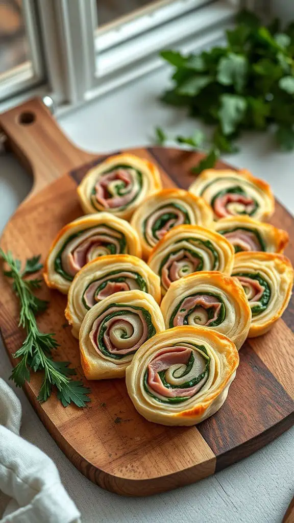 Ham and Spinach Pinwheels arranged on a wooden board.