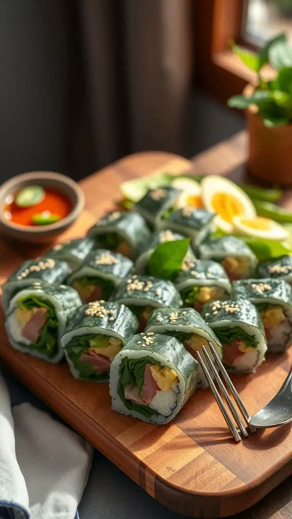 Ham and spinach sushi rolls on a wooden platter, garnished with sesame seeds.