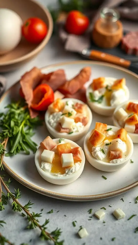 Plate of Ham and Swiss Egg White Bites with diced ham and Swiss cheese topping