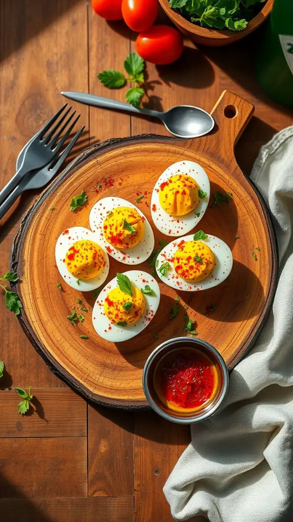 Hard-boiled eggs topped with paprika, garnished with fresh herbs, and served on a wooden plate.